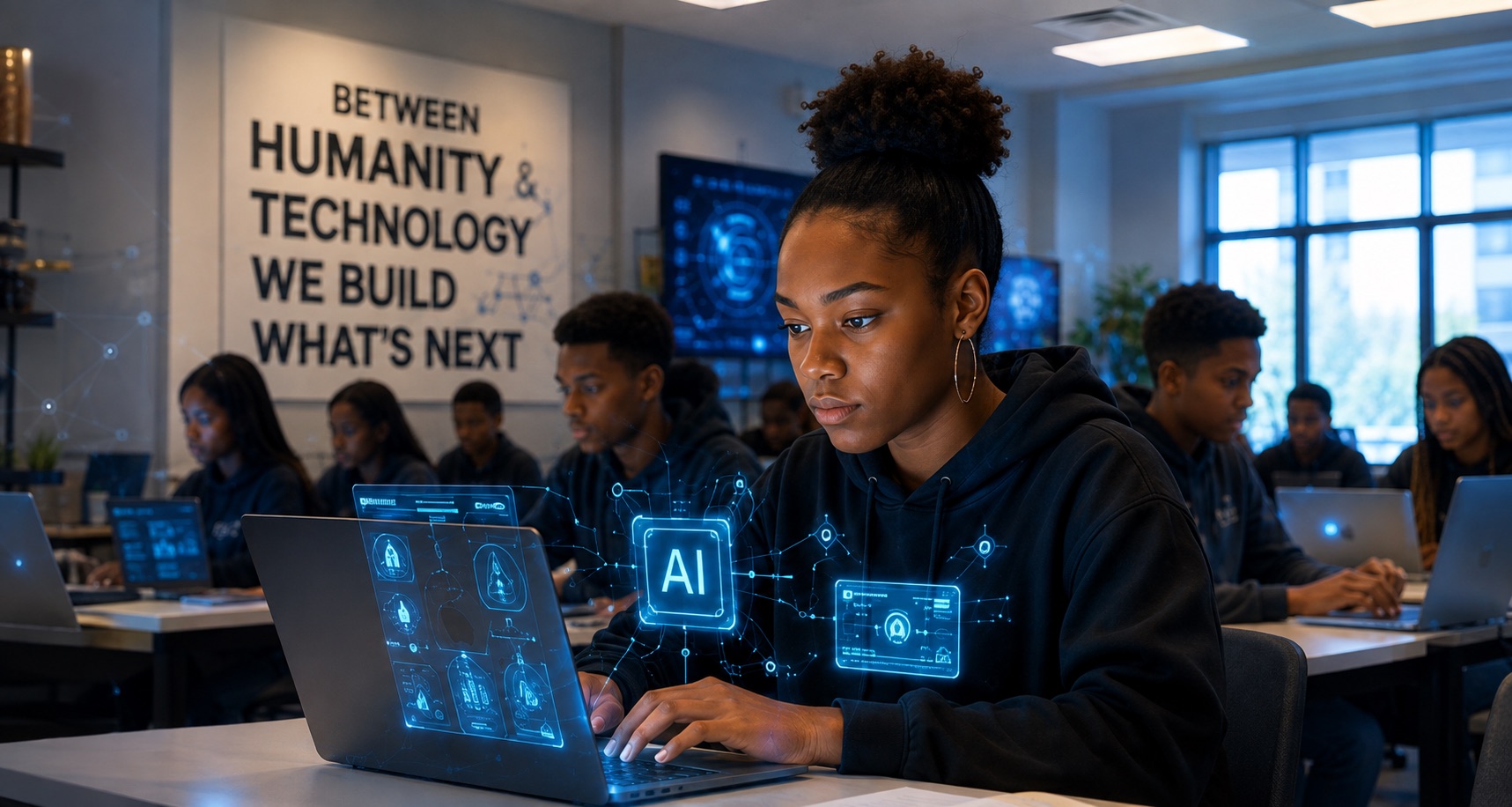 Students learning AI in a community classroom